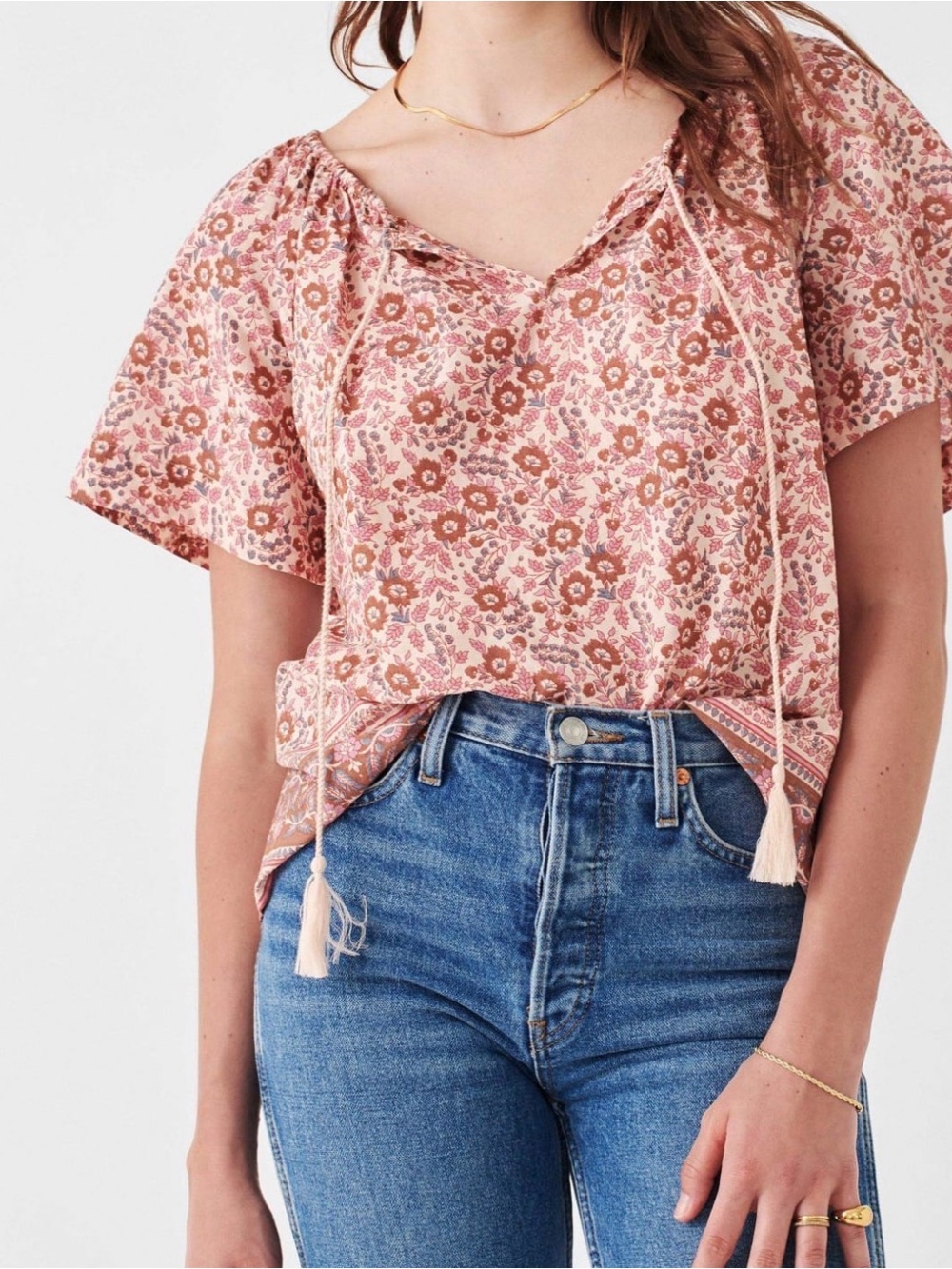 New Faherty Florence Top in the Earth Block Print pattern